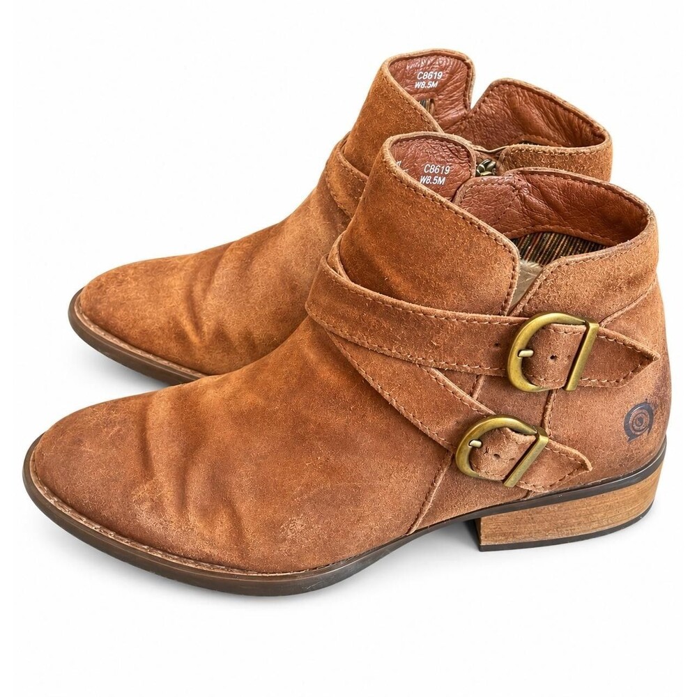 Born Womens Brown Leather  Suede Ankle Boots Double Buckle Zip Size 6M